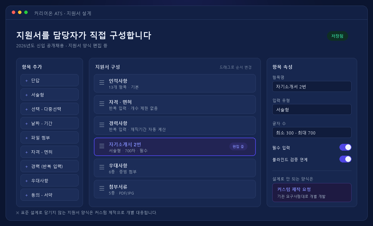 커리어온 ATS 지원서 설계 화면 — 항목 추가, 순서 변경, 속성 설정